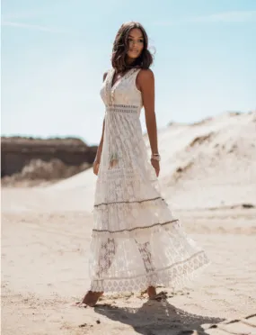TastyHottie - V-Neck Tasseled Lace Ankle-Length Dress