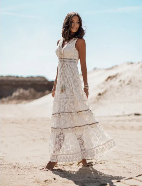 TastyHottie - V-Neck Tasseled Lace Ankle-Length Dress