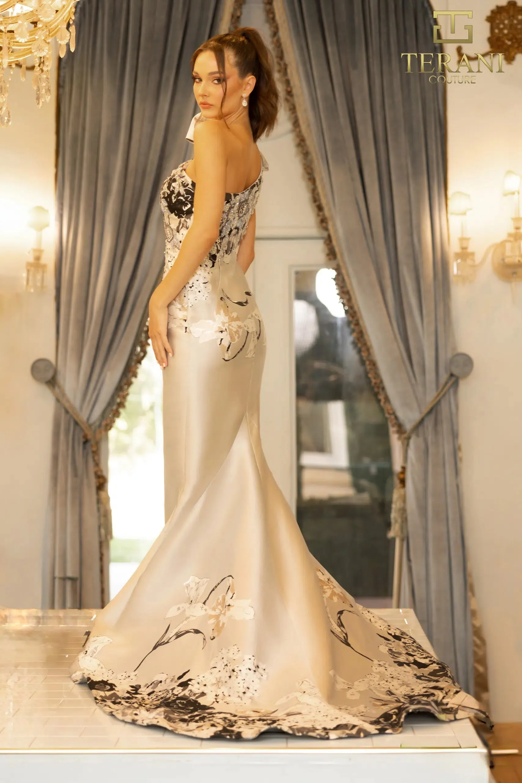 Terani - 242E3165 - One Shoulder Print Trumpet Evening Dress