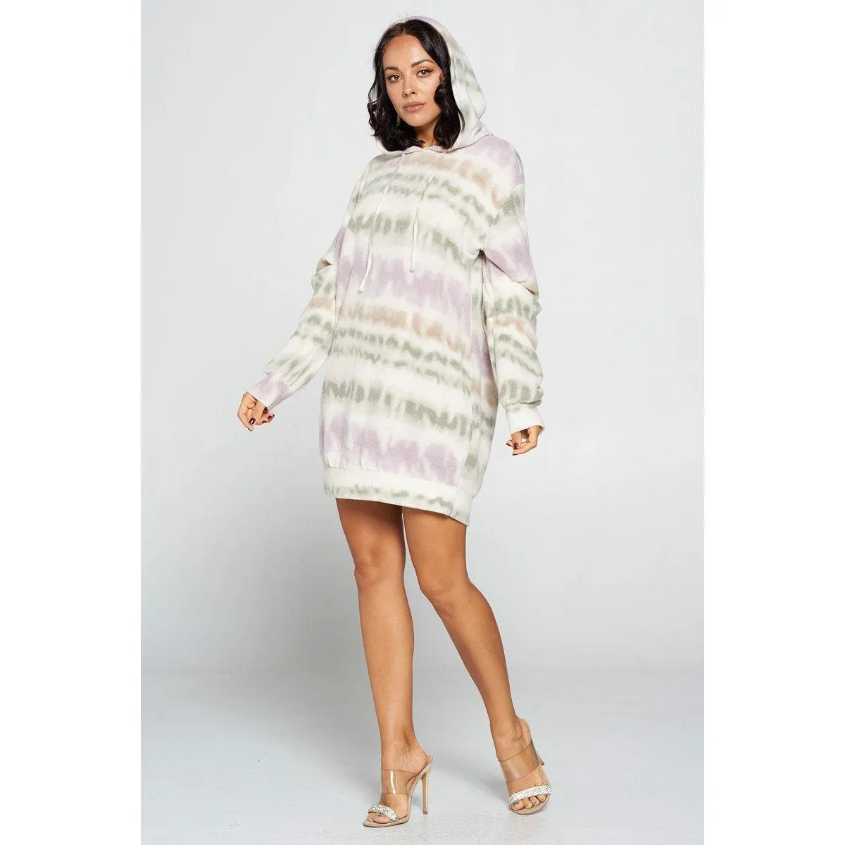 Terry Brushed Print Hooded Sweater Dress