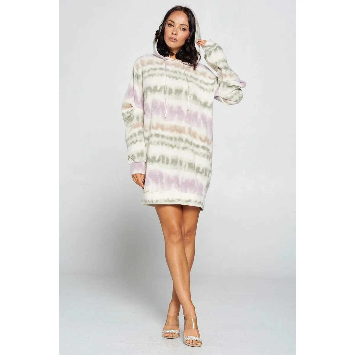 Terry Brushed Print Hooded Sweater Dress