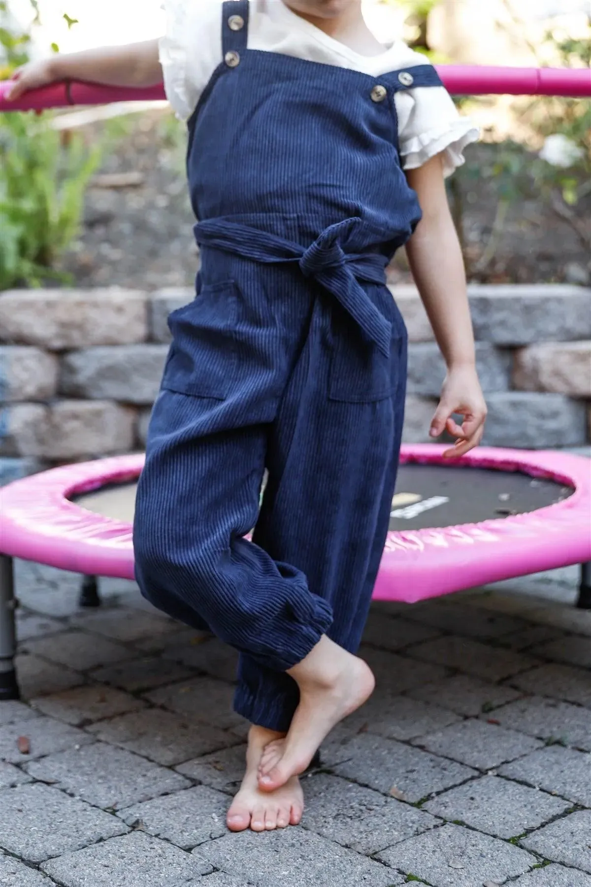 Toddler Girls Navy Corduroy Self-Tie Belt Contrast Button Details Overall /2-2-2-2