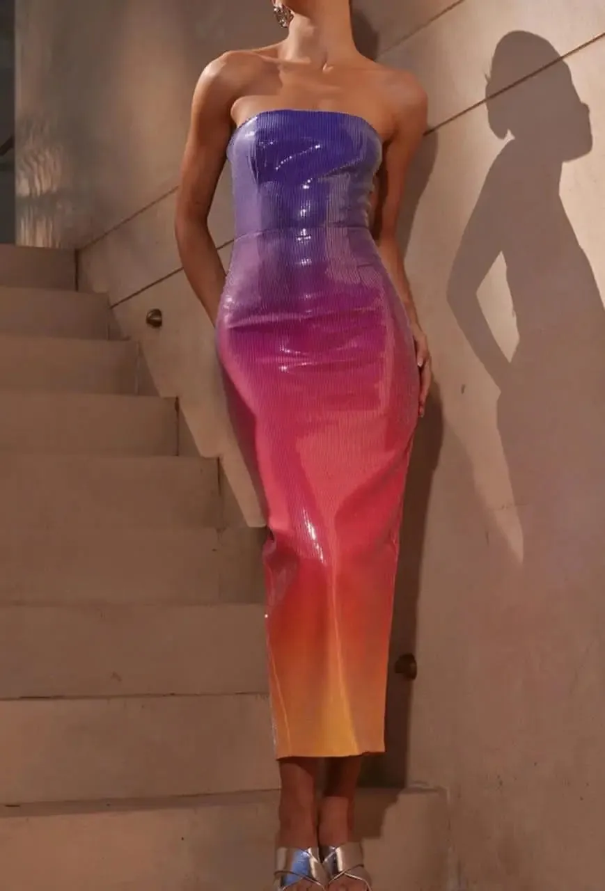 Trend4us Gradient Shiny Sequin Strapless Bodycon Dress