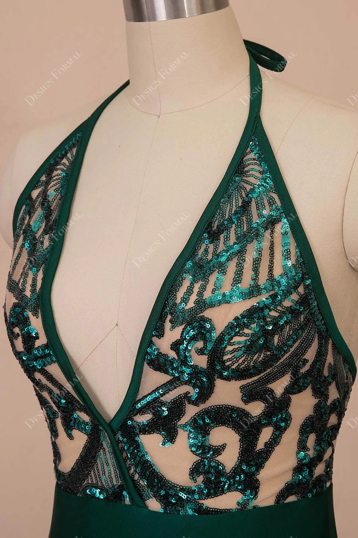 Unique Emerald Sequin Satin Halter Mermaid Prom Dress