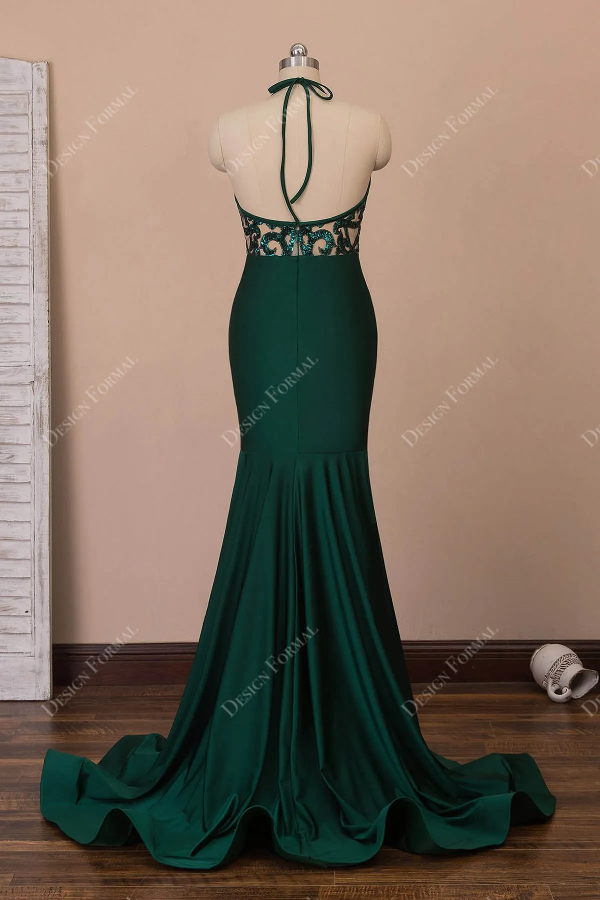 Unique Emerald Sequin Satin Halter Mermaid Prom Dress