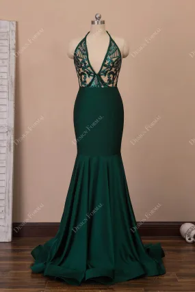 Unique Emerald Sequin Satin Halter Mermaid Prom Dress