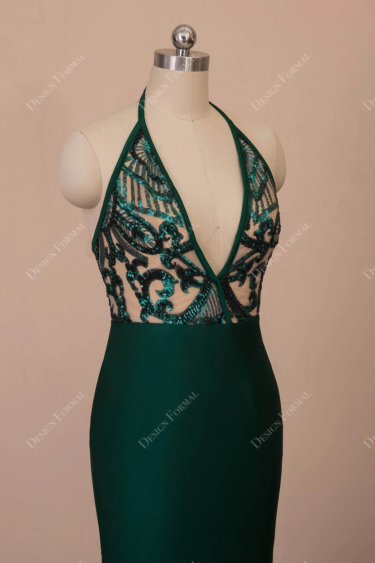 Unique Emerald Sequin Satin Halter Mermaid Prom Dress