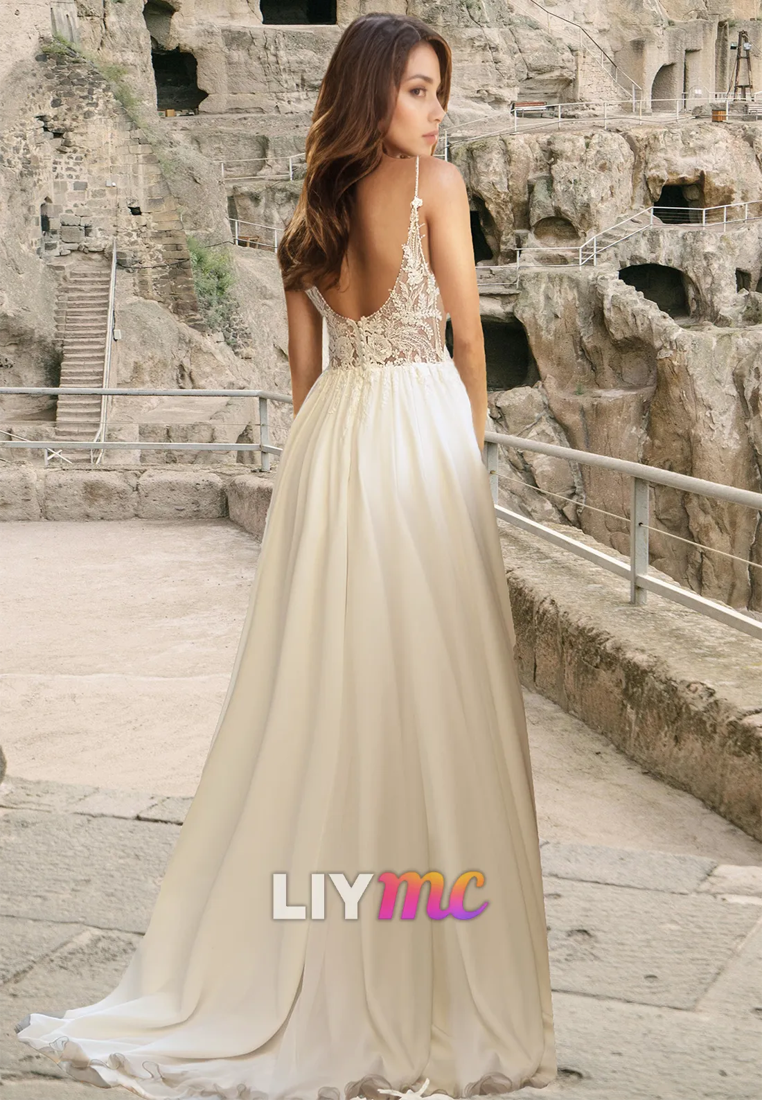 V-Neck Spaghetti Straps Lace Appliques Side Slit A-Line Wedding Dress