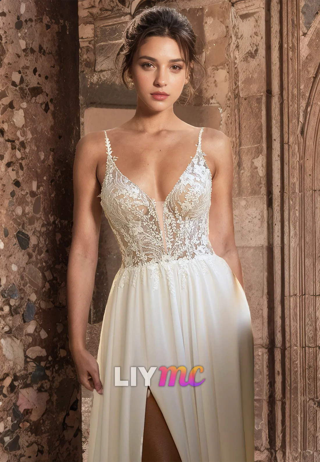 V-Neck Spaghetti Straps Lace Appliques Side Slit A-Line Wedding Dress