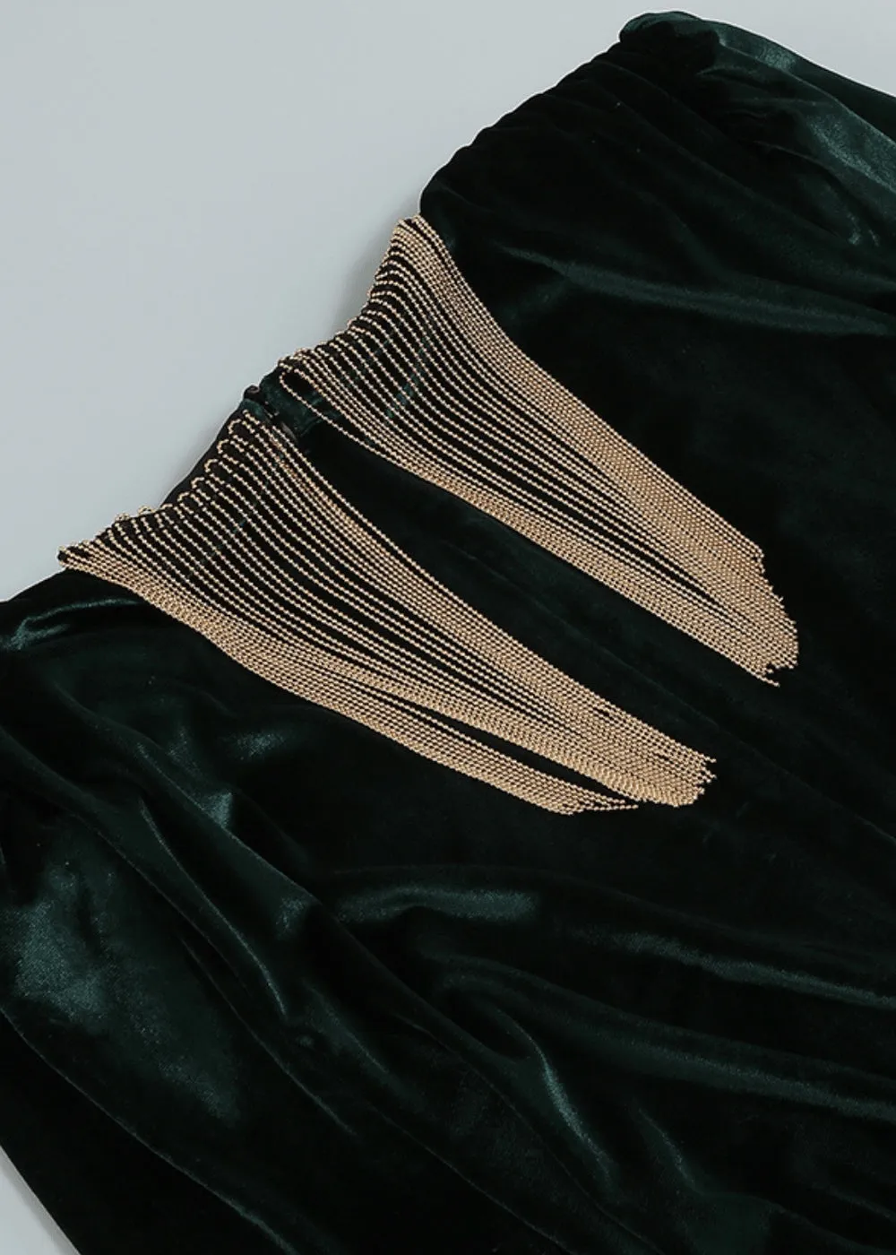 V-Neck Tassel Detail Ruched Velvet Dress