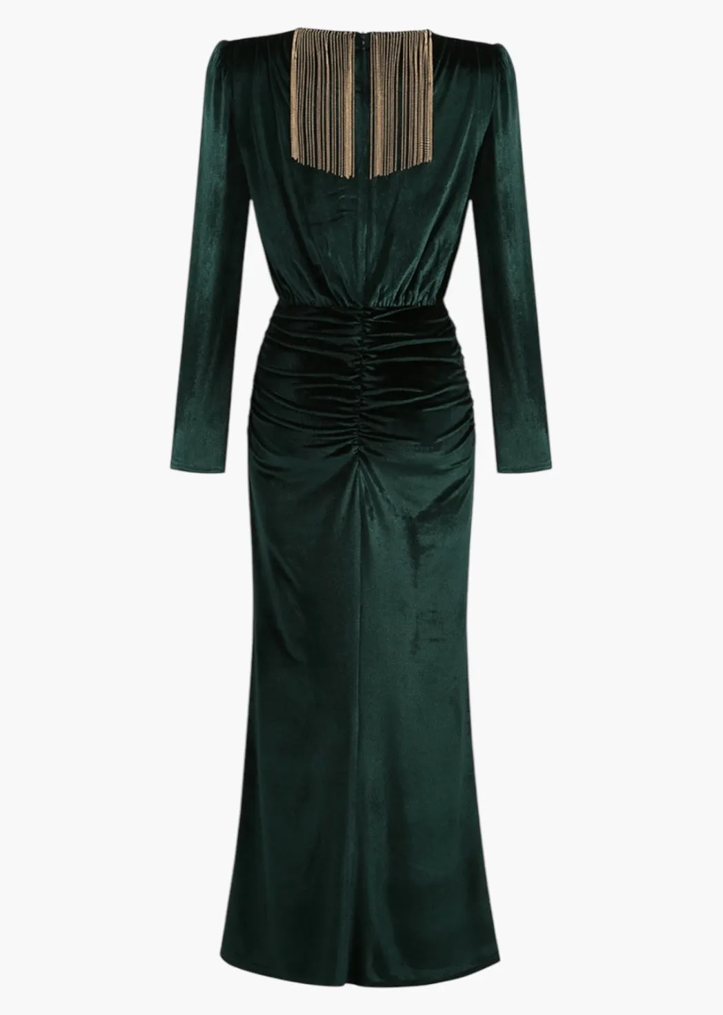 V-Neck Tassel Detail Ruched Velvet Dress