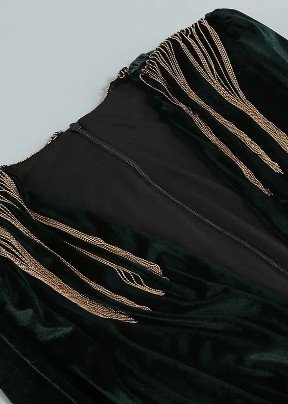V-Neck Tassel Detail Ruched Velvet Dress