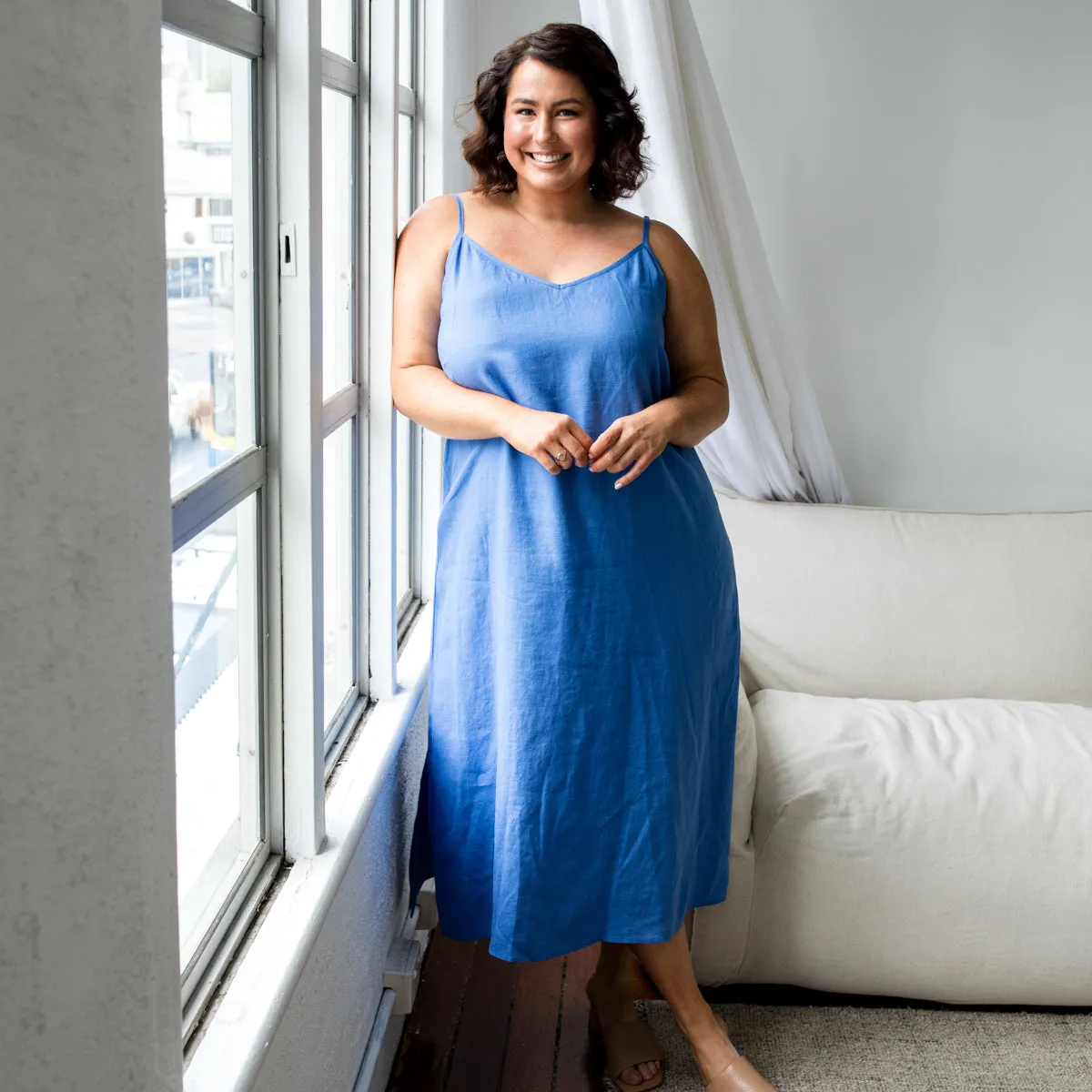 Valyn spaghetti strap linen midi dress - marine blue