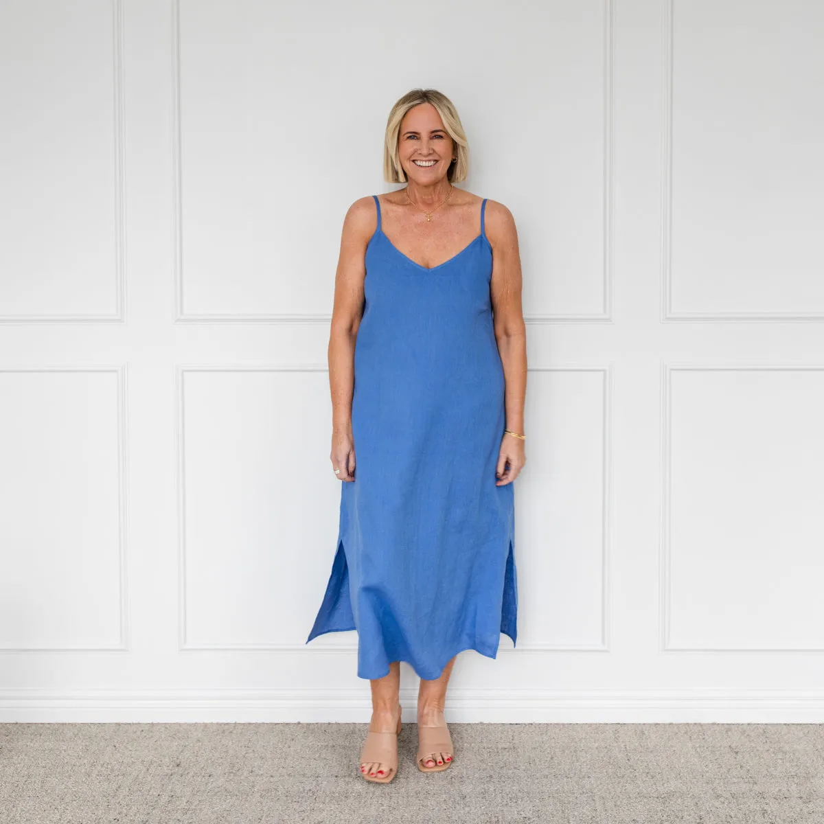 Valyn spaghetti strap linen midi dress - marine blue
