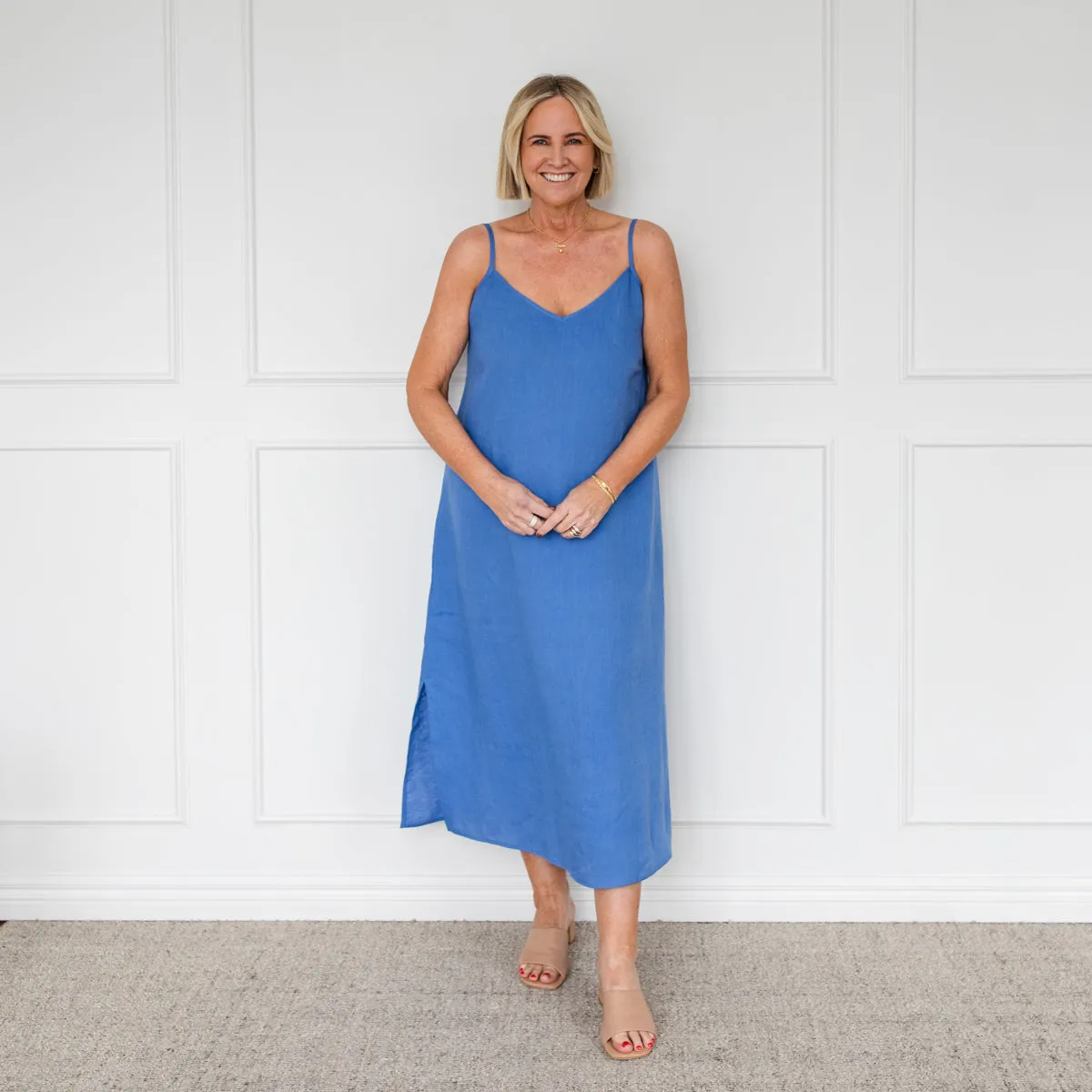 Valyn spaghetti strap linen midi dress - marine blue