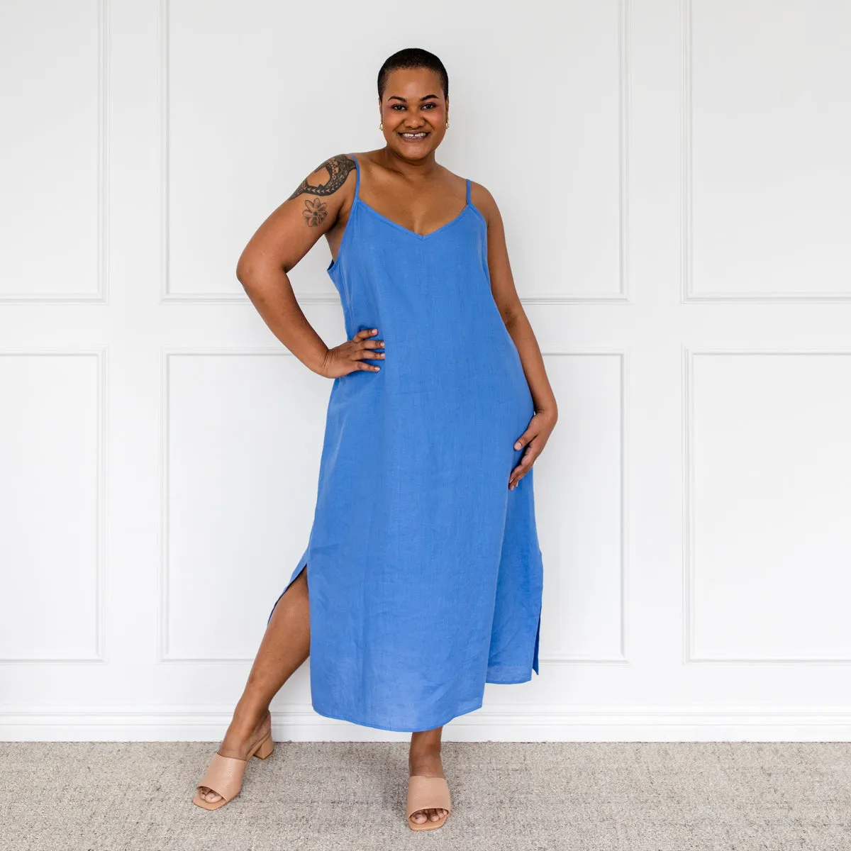Valyn spaghetti strap linen midi dress - marine blue