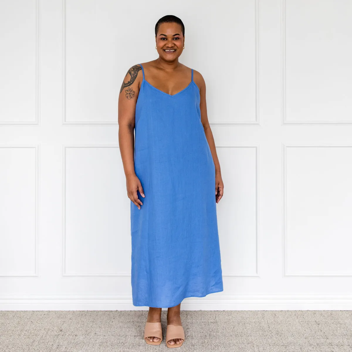 Valyn spaghetti strap linen midi dress - marine blue