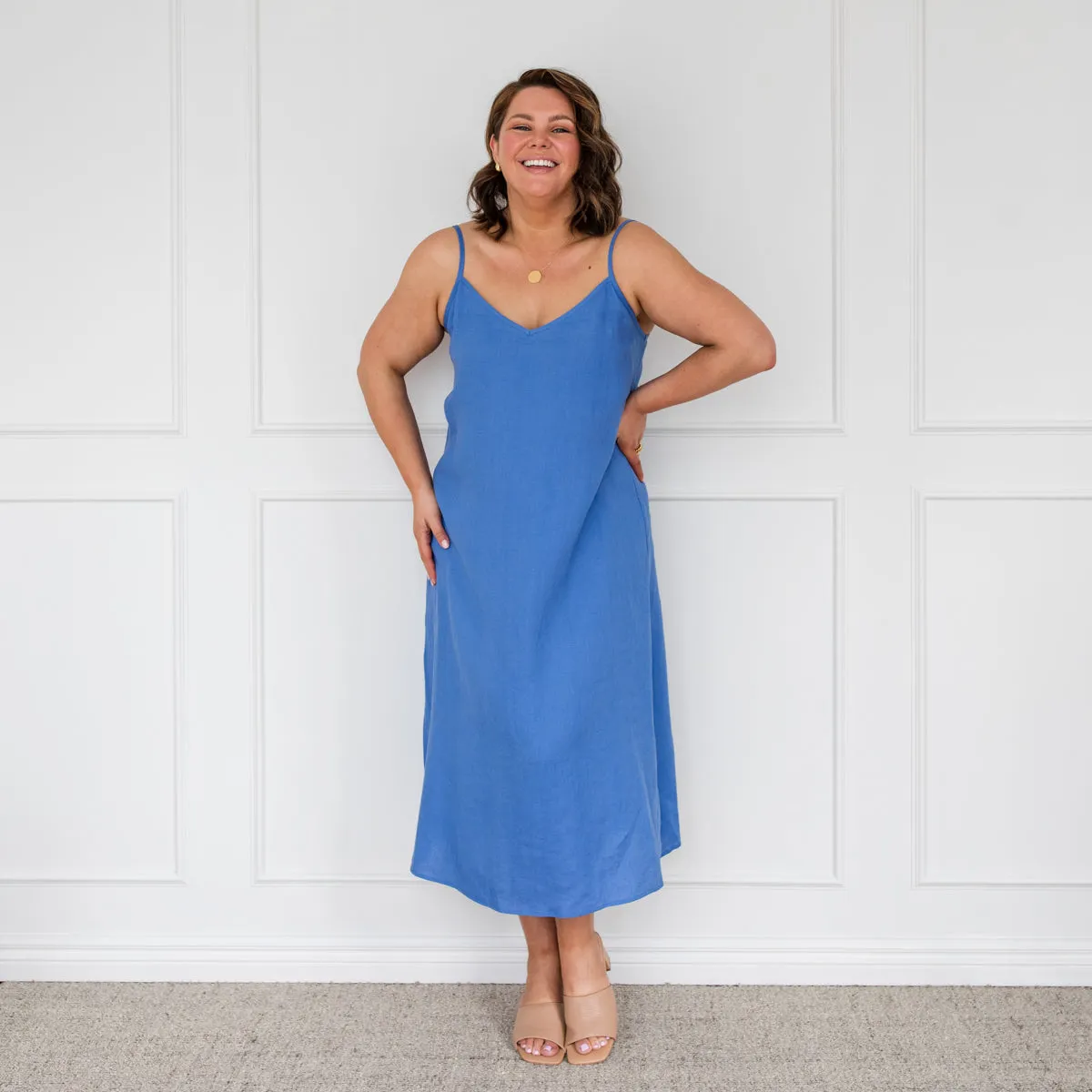 Valyn spaghetti strap linen midi dress - marine blue