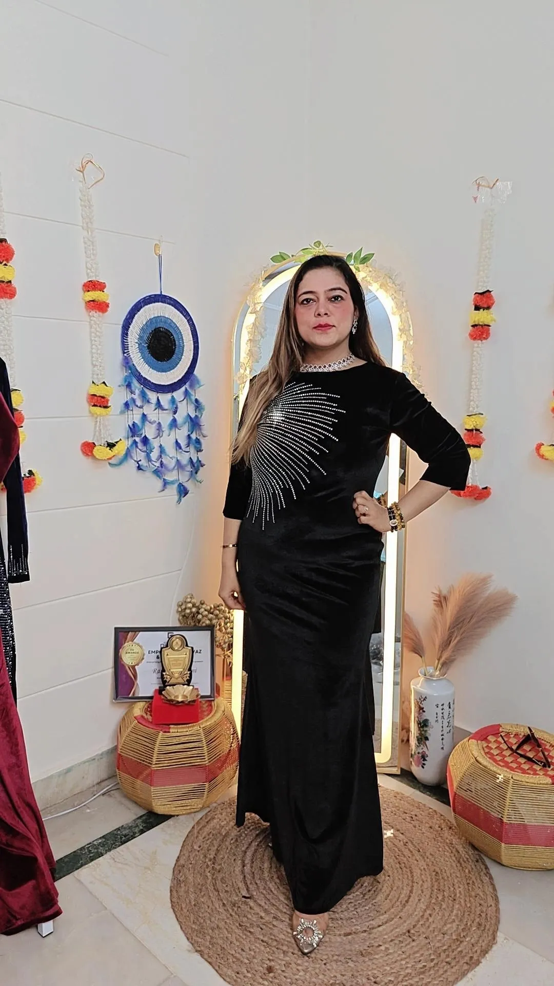 Velvet dress with designer diamond work