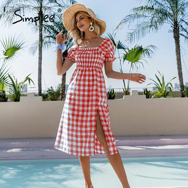 VenusFox Simplee Blue square collar plaid women dress Summer A-line high waist puff sleeve dress Elegant Mid-length short-sleeved dress