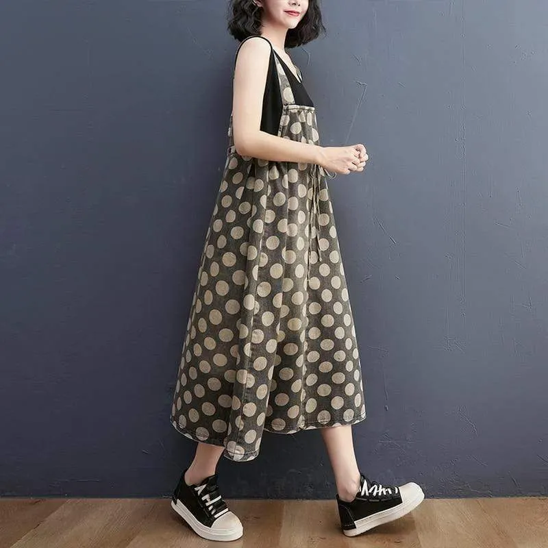 Vintage Polka Dots Denim Overall Dress