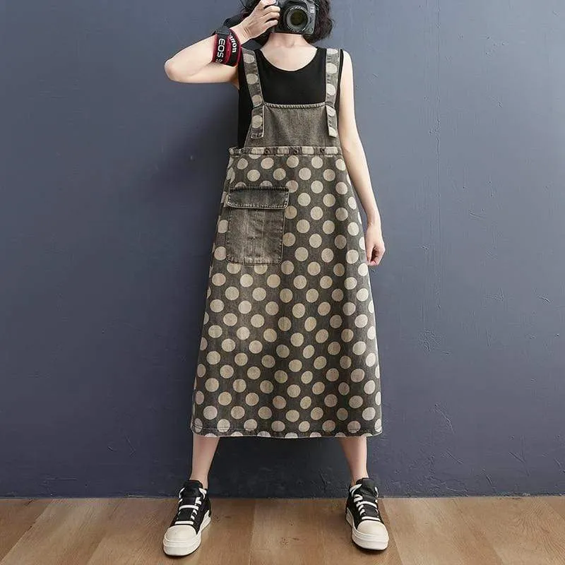 Vintage Polka Dots Denim Overall Dress