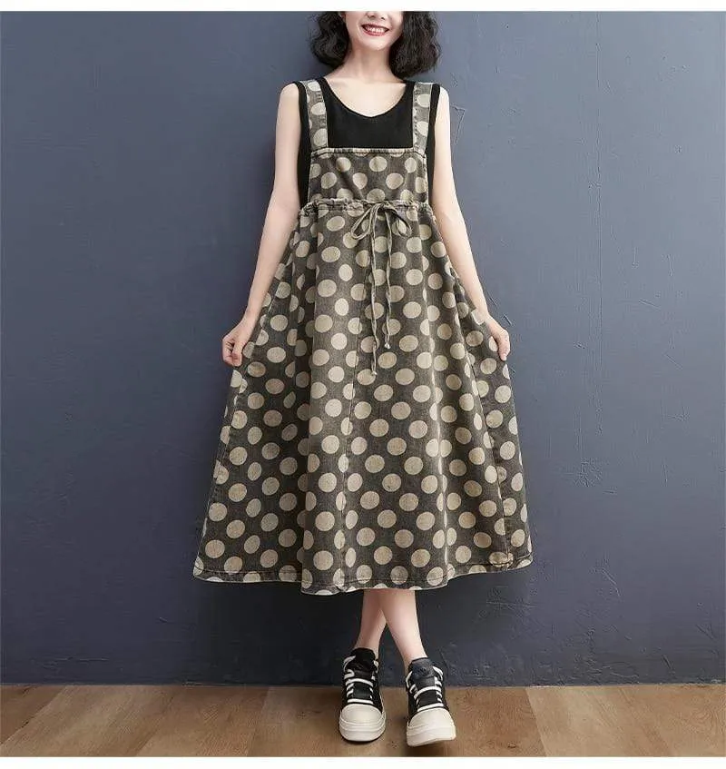 Vintage Polka Dots Denim Overall Dress