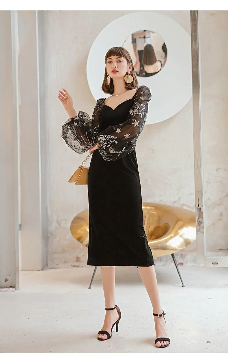 Vintage Velvet Elegant V-neck Lantern Sleeve Party Dress -Uieos