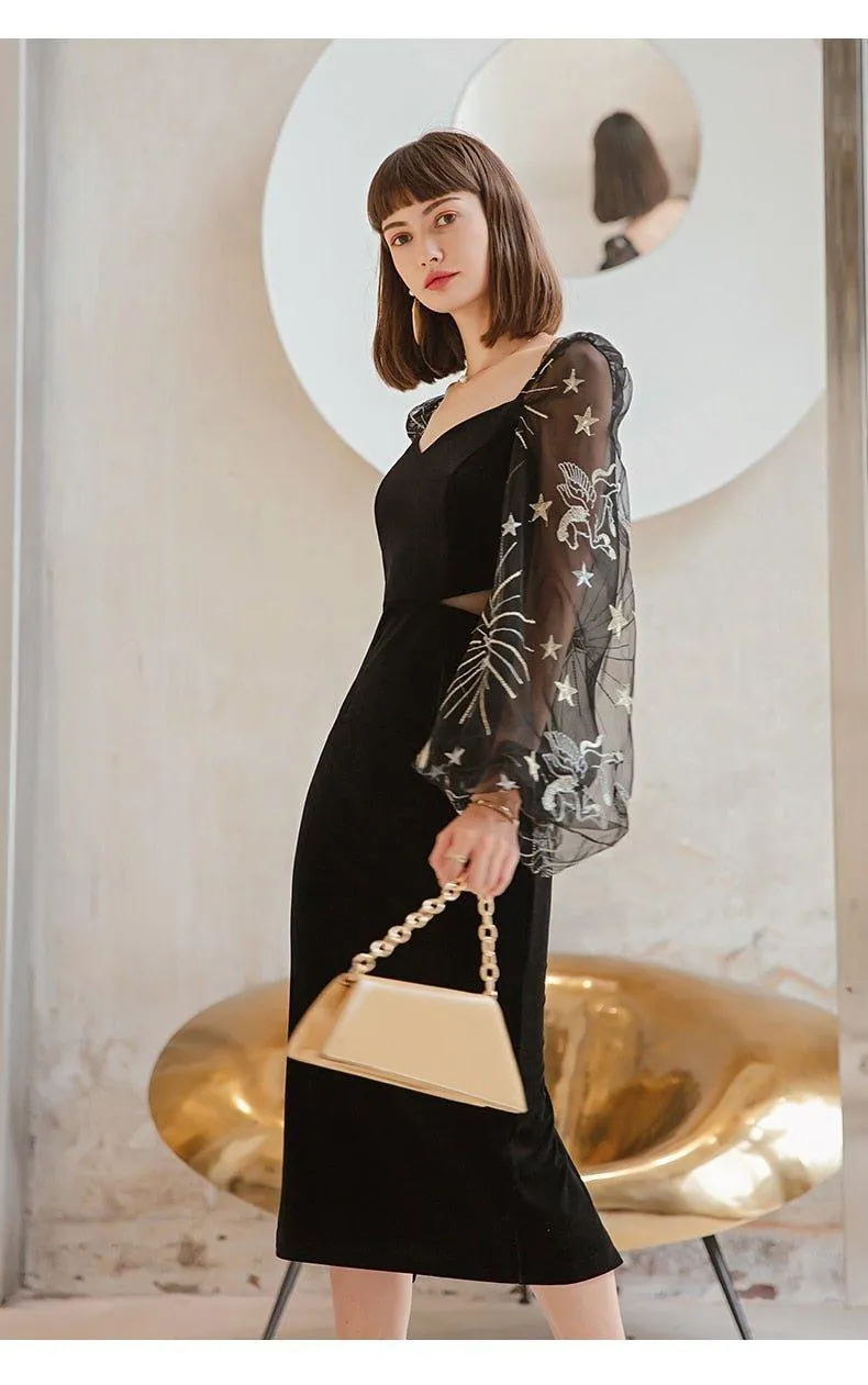 Vintage Velvet Elegant V-neck Lantern Sleeve Party Dress -Uieos