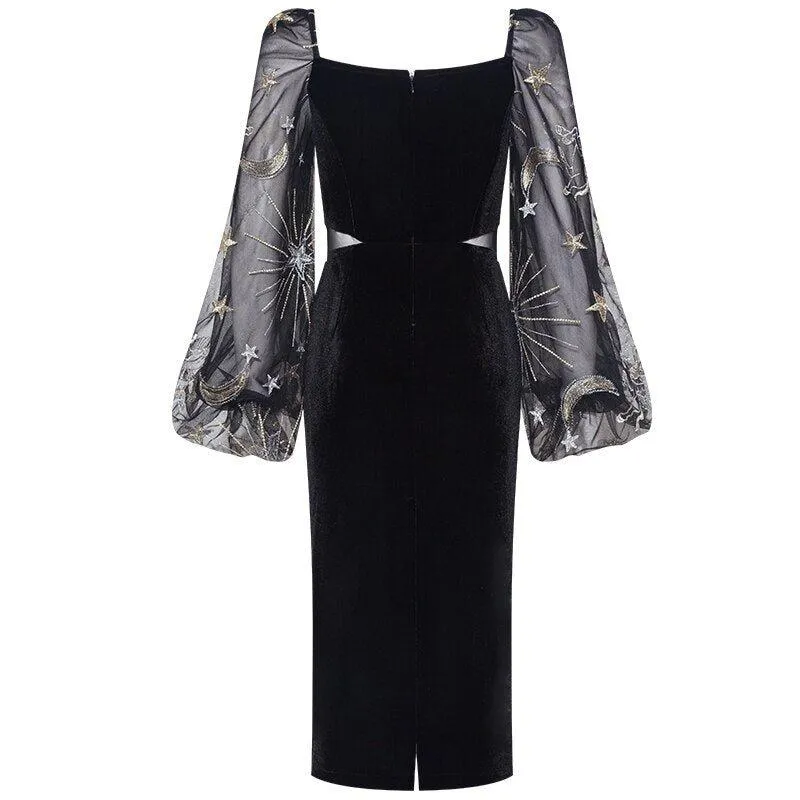 Vintage Velvet Elegant V-neck Lantern Sleeve Party Dress -Uieos