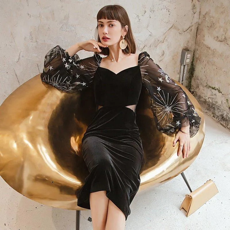 Vintage Velvet Elegant V-neck Lantern Sleeve Party Dress -Uieos