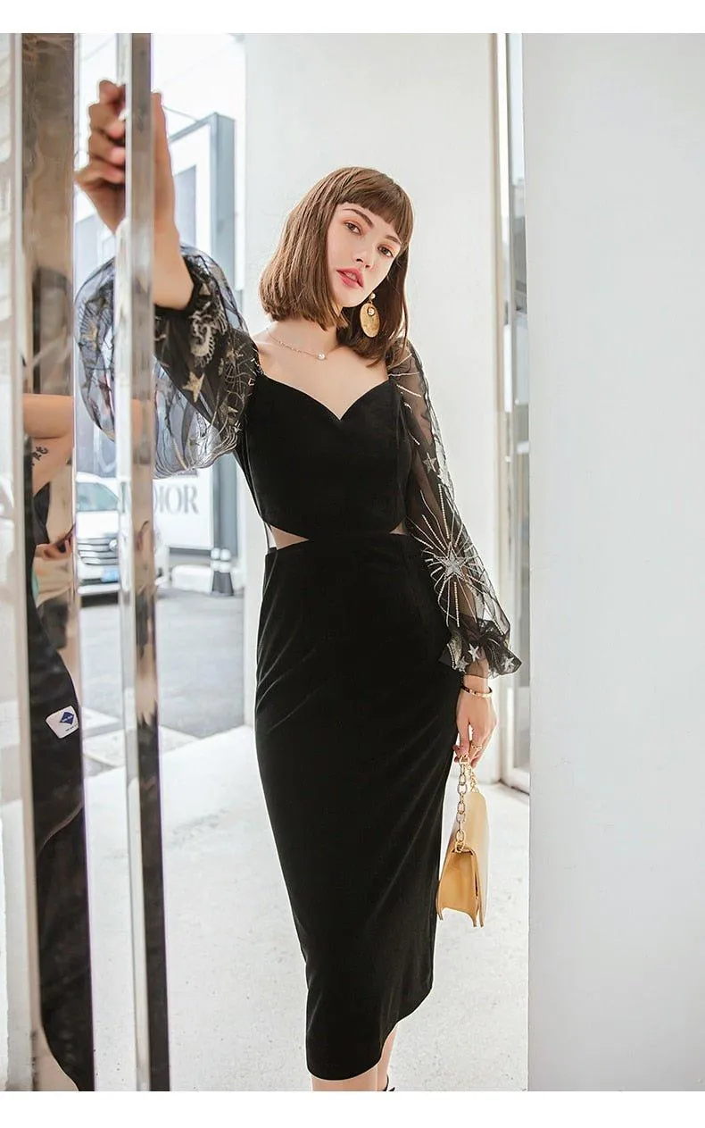 Vintage Velvet Elegant V-neck Lantern Sleeve Party Dress -Uieos