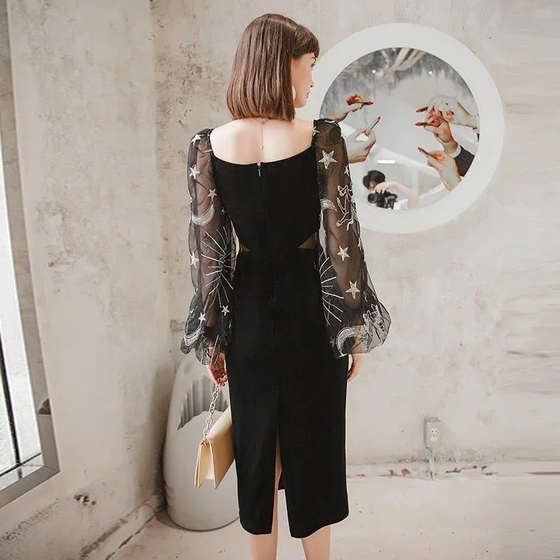 Vintage Velvet Elegant V-neck Lantern Sleeve Party Dress -Uieos