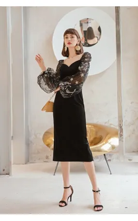 Vintage Velvet Elegant V-neck Lantern Sleeve Party Dress -Uieos