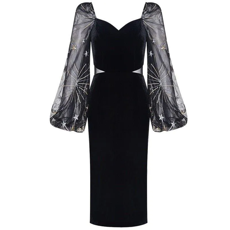 Vintage Velvet Elegant V-neck Lantern Sleeve Party Dress -Uieos