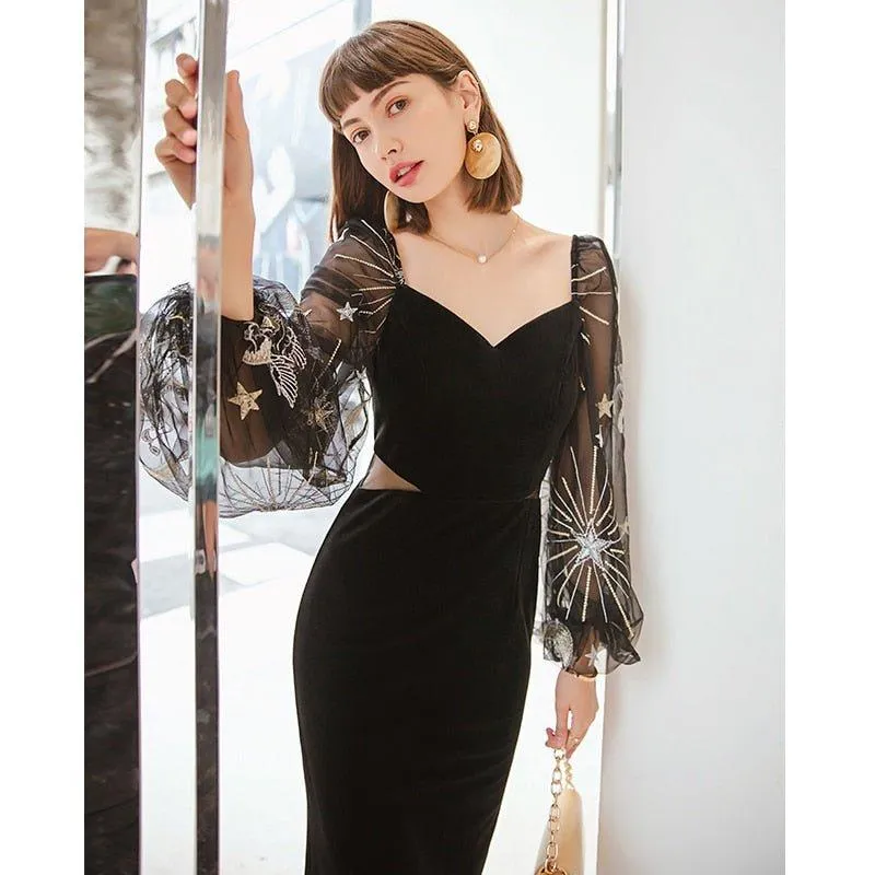 Vintage Velvet Elegant V-neck Lantern Sleeve Party Dress -Uieos