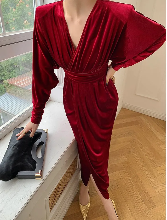 WANXO French red pleated velvet dress new gold-like waist bottoming skirt- Winny