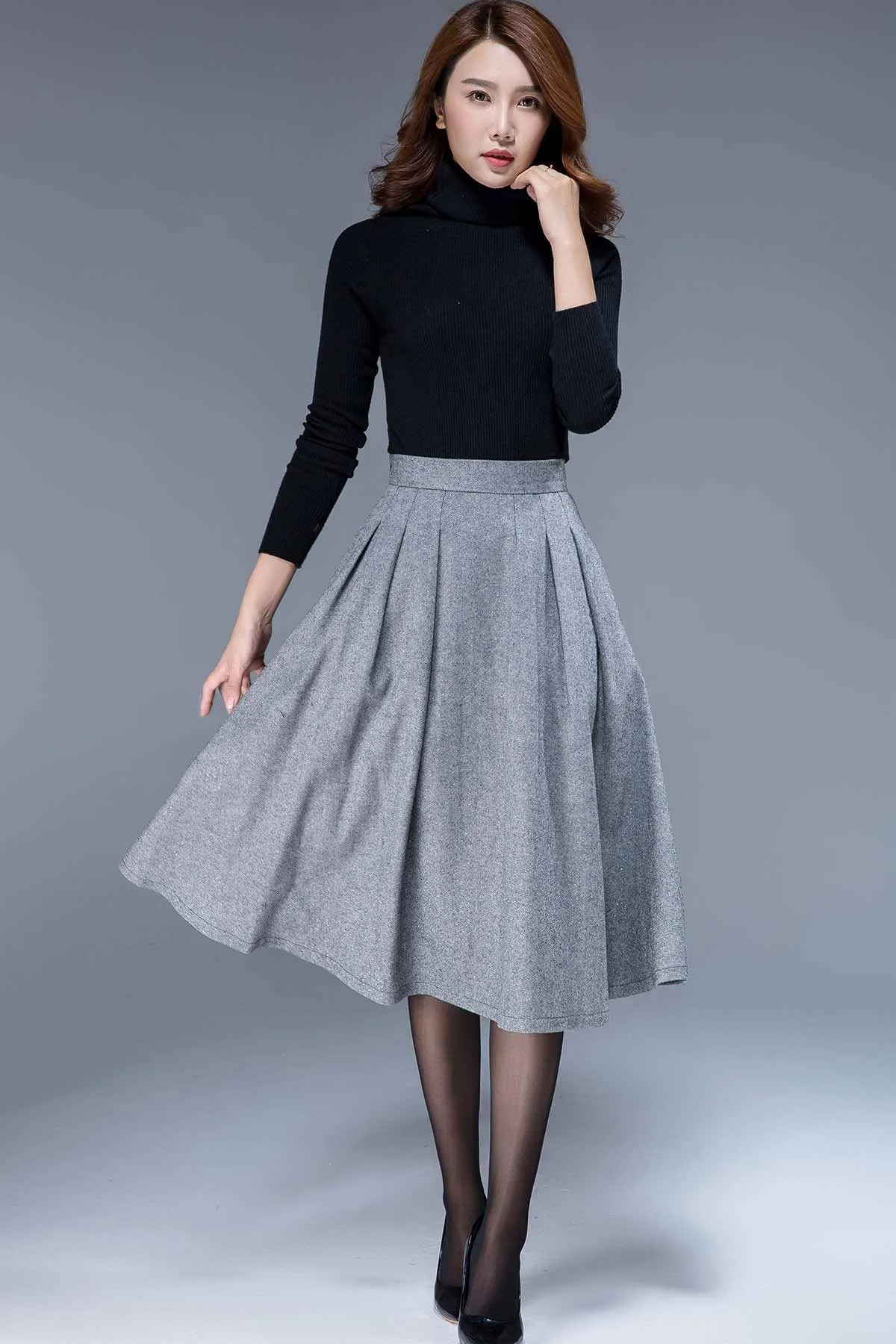 Warm wool pleated midi skirt 1797#