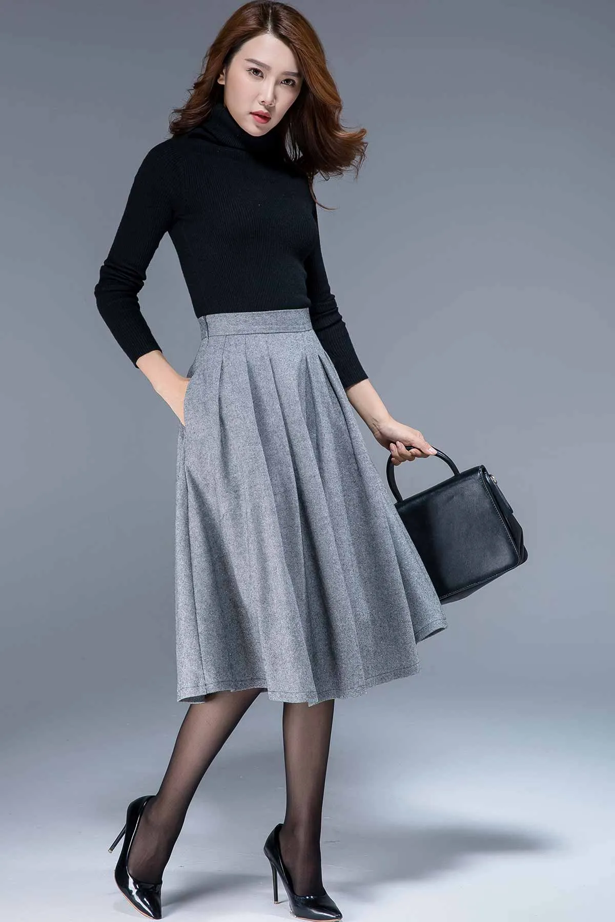 Warm wool pleated midi skirt 1797#