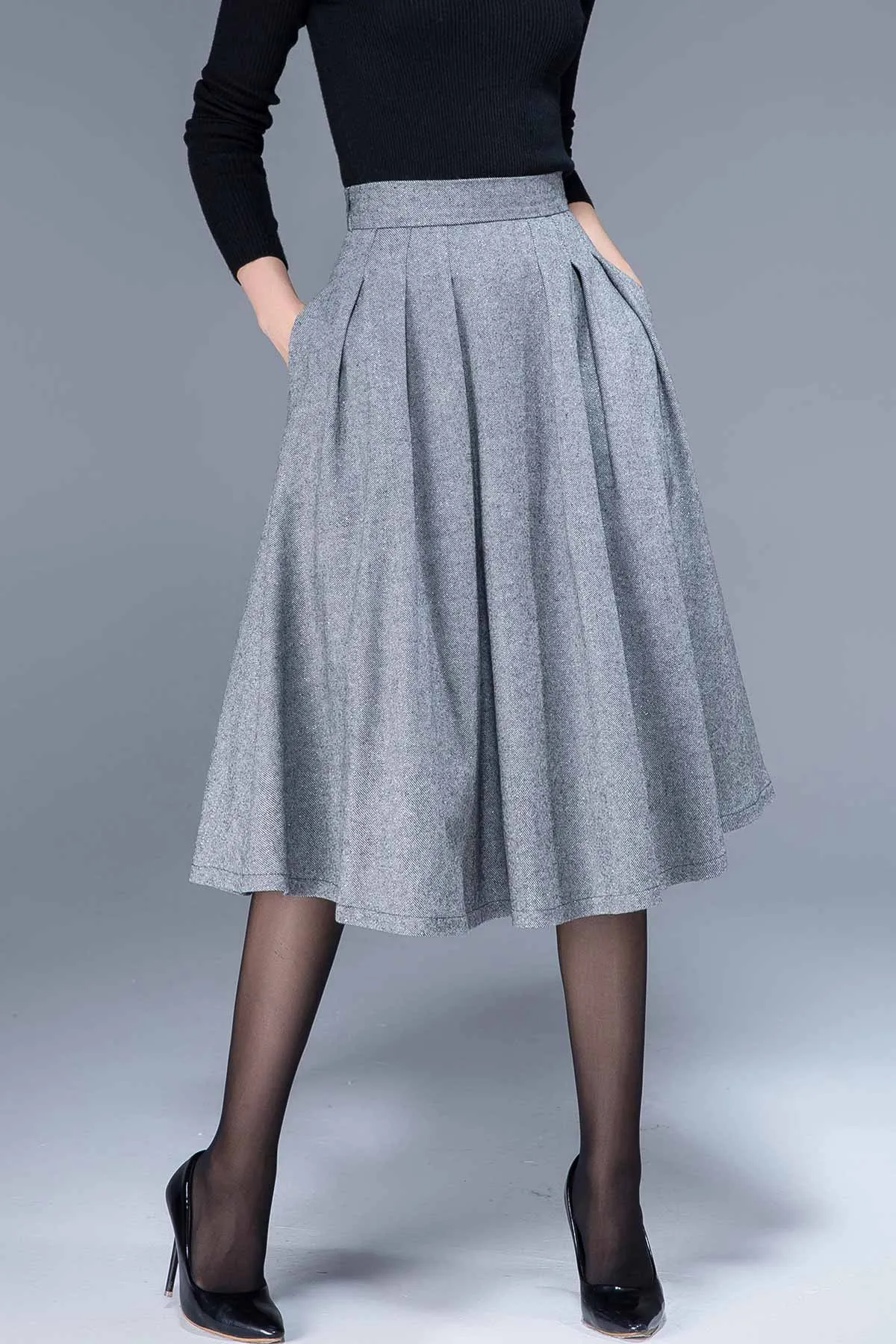 Warm wool pleated midi skirt 1797#