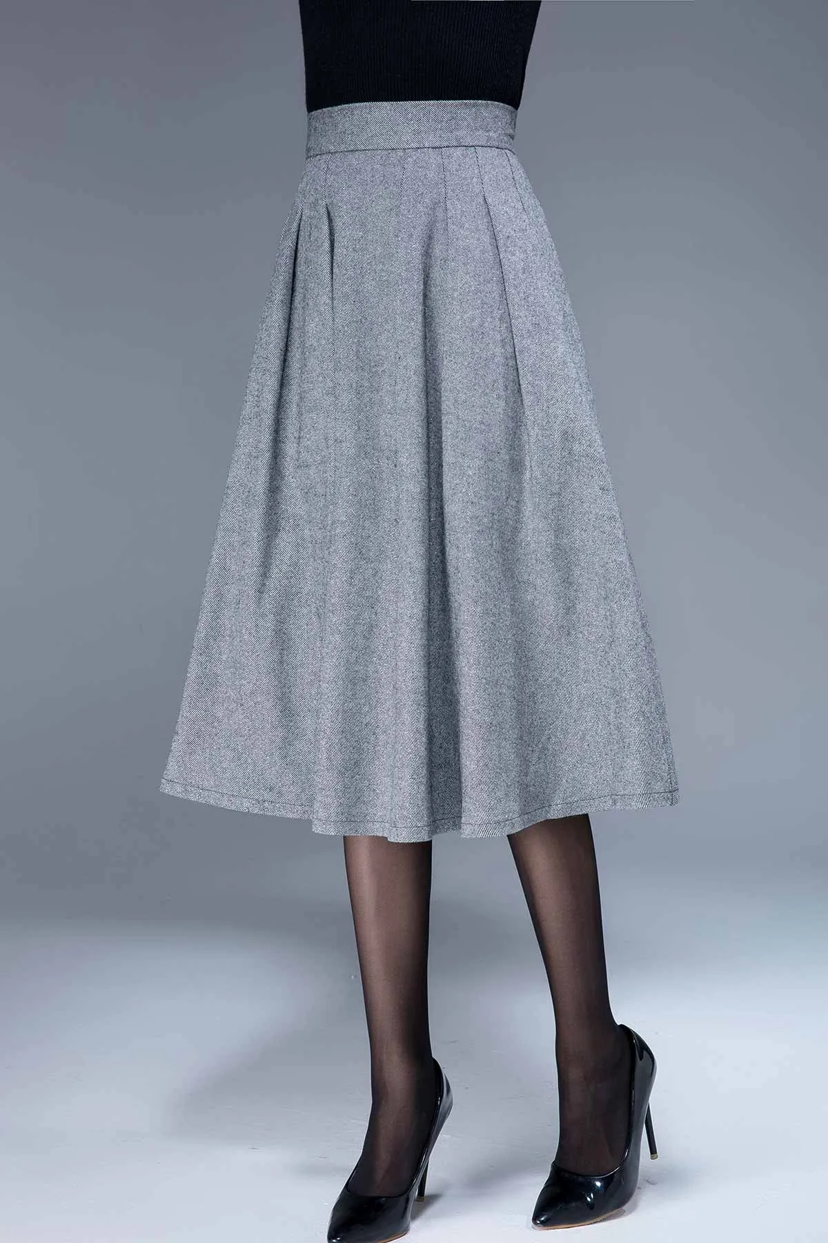 Warm wool pleated midi skirt 1797#