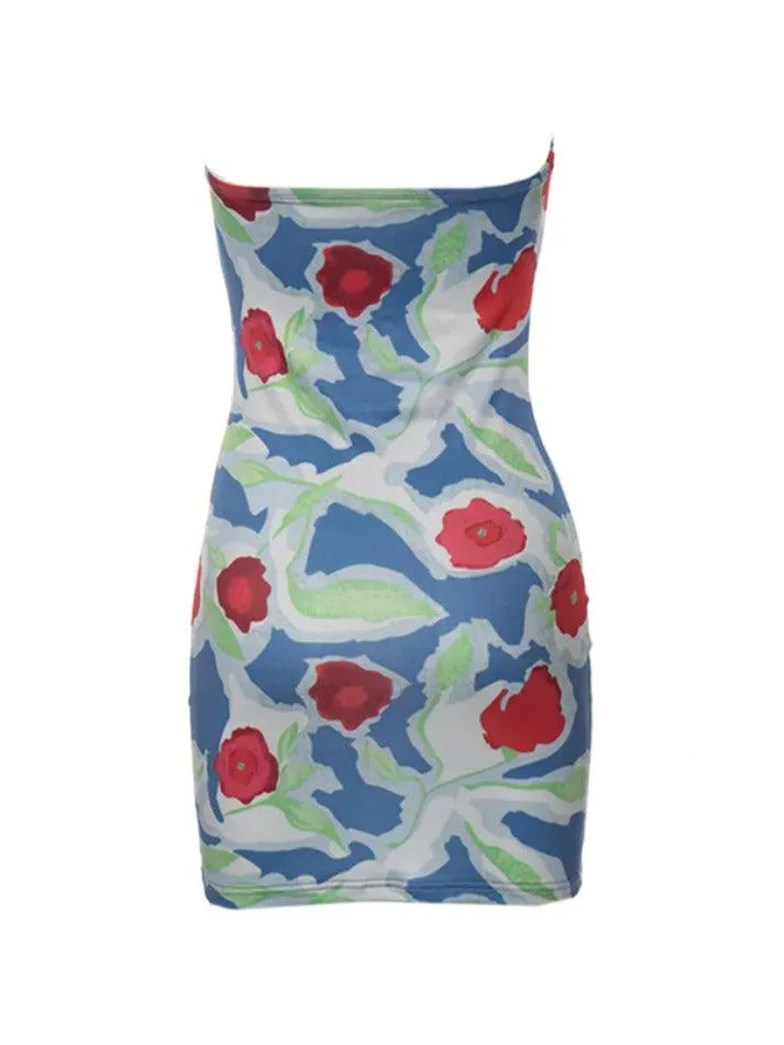 Wenkouban-Christmas Thanksgiving Gift New Year's Eve Dress Vintage Floral Print Backless Bandeau Mini Dress
