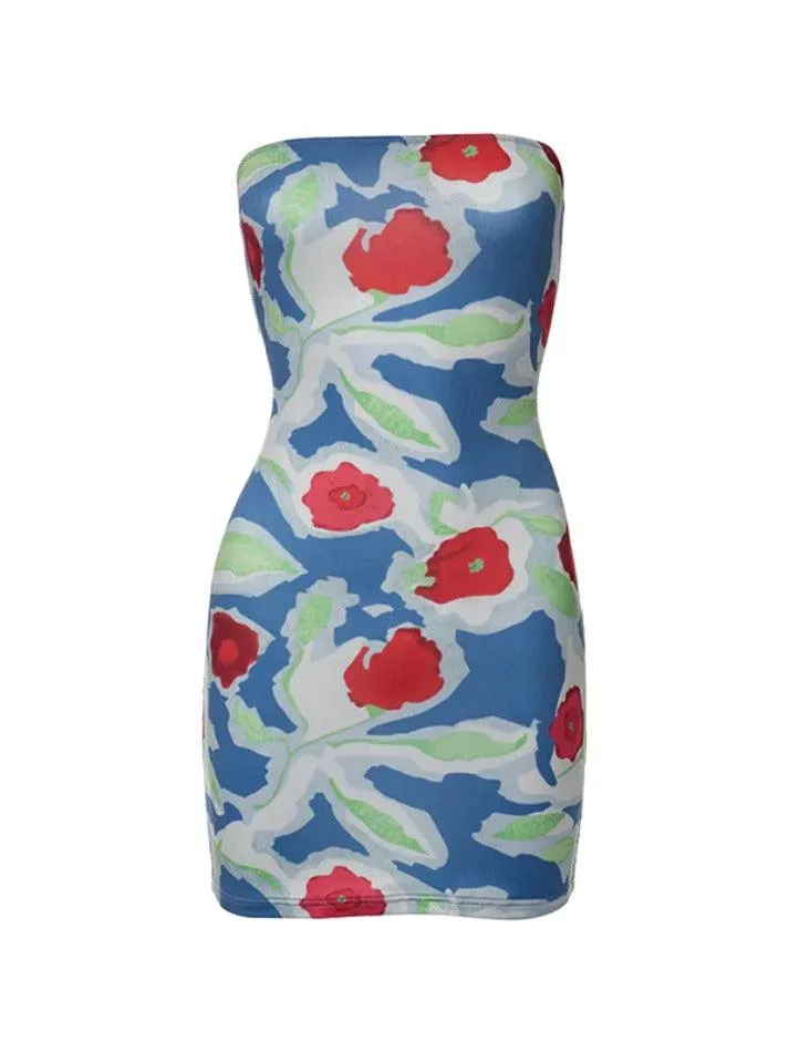 Wenkouban-Christmas Thanksgiving Gift New Year's Eve Dress Vintage Floral Print Backless Bandeau Mini Dress