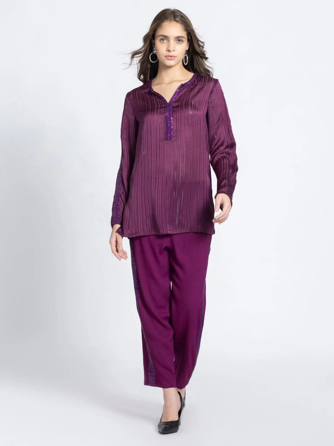 Wine Satin Self Stripe Sequin Ethnic Co-ord Set