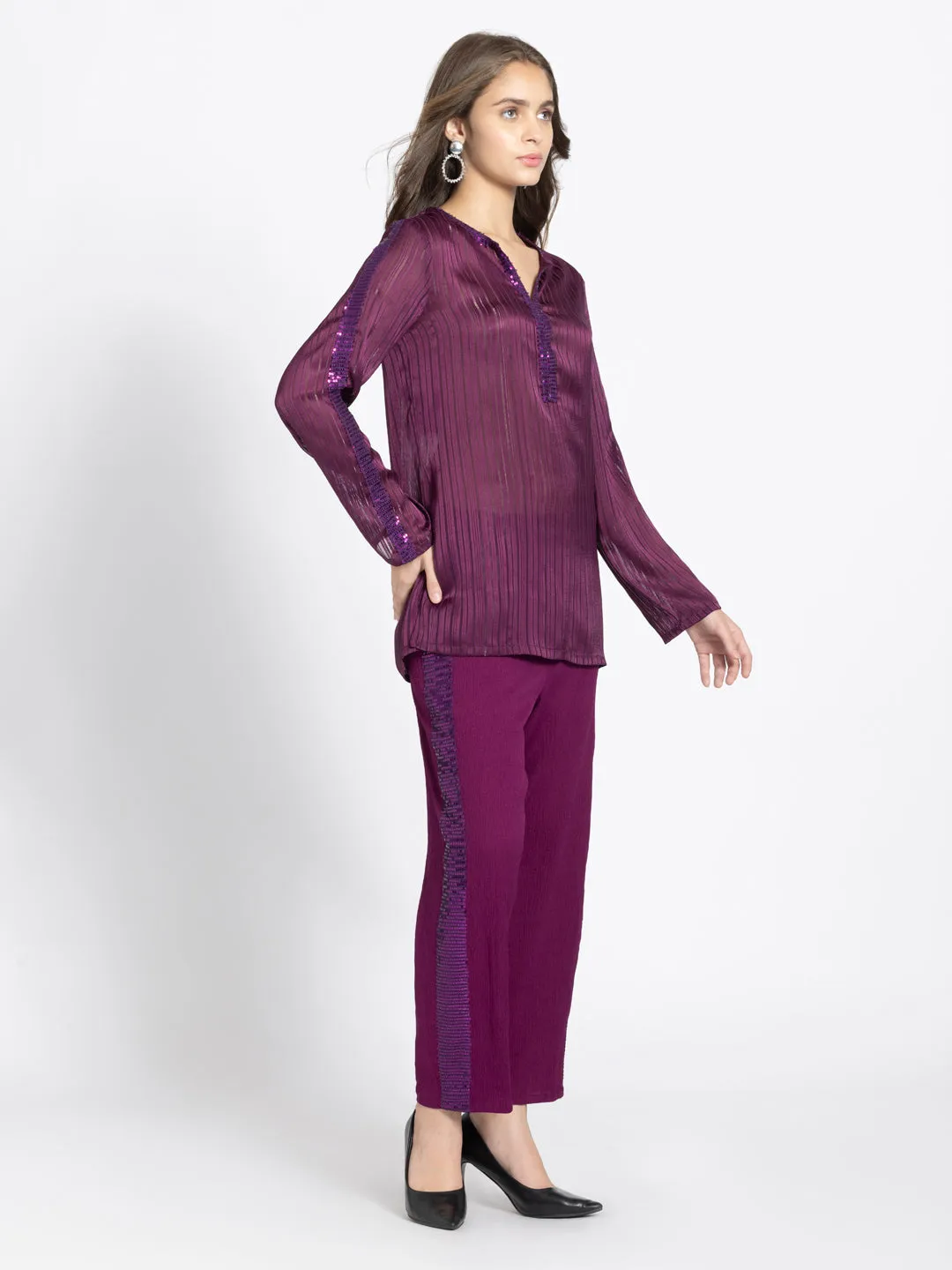 Wine Satin Self Stripe Sequin Ethnic Co-ord Set