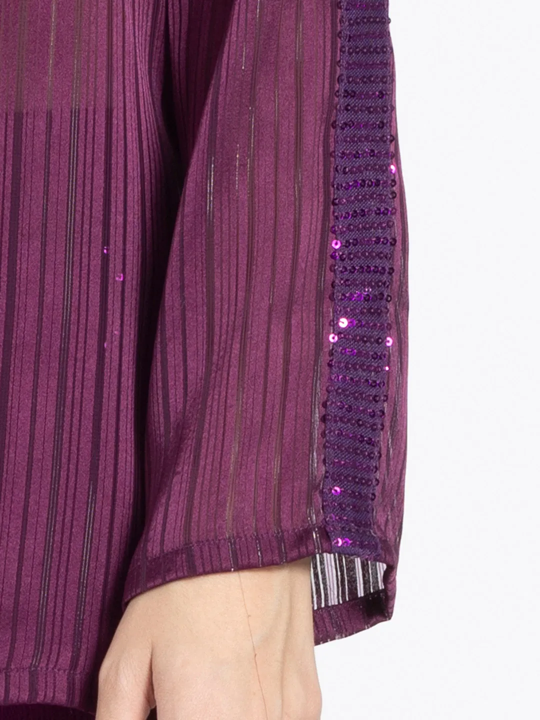 Wine Satin Self Stripe Sequin Ethnic Co-ord Set