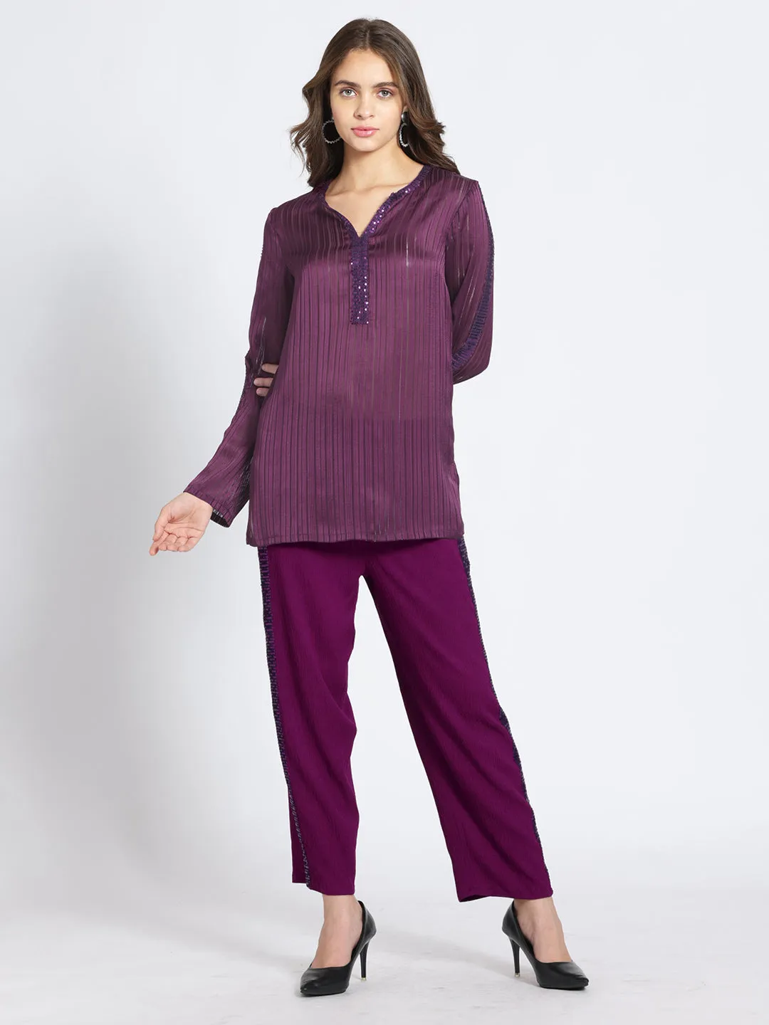 Wine Satin Self Stripe Sequin Ethnic Co-ord Set