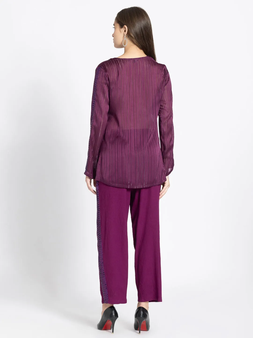 Wine Satin Self Stripe Sequin Ethnic Co-ord Set