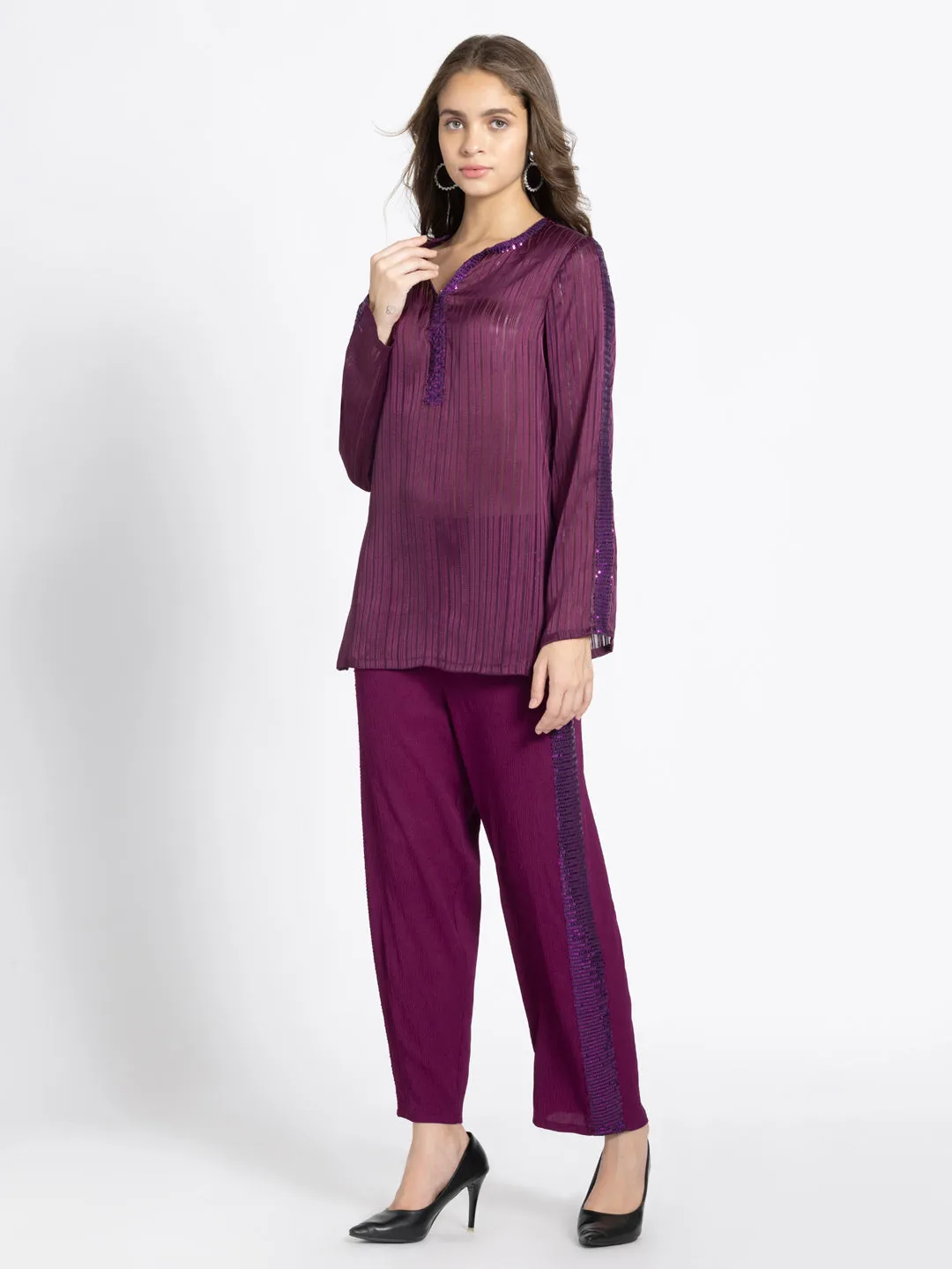 Wine Satin Self Stripe Sequin Ethnic Co-ord Set