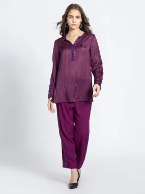 Wine Satin Self Stripe Sequin Ethnic Co-ord Set